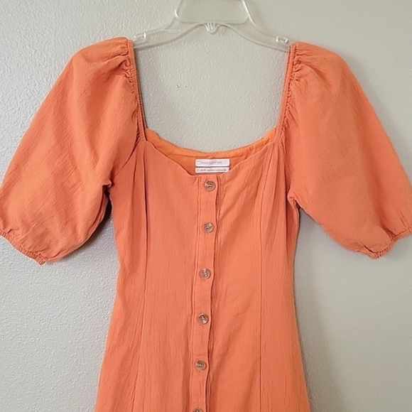 Urban Outfitters Womens Orange Tangerine Button Front Puff Sleeve Midi Dress - Picture 2 of 11